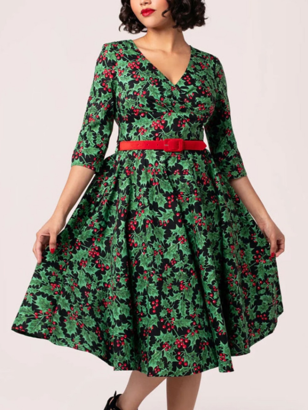 Hell Bunny Green and Red Holly Print Fit-and-Flare Midi Dress
